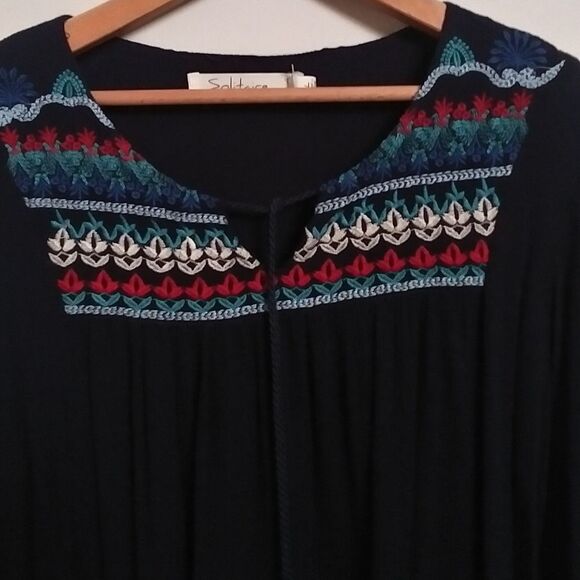 Solitaire Women's Top Blouse Peasant Smock Navy Boho Embroidered Tassels Size L - Picture 3 of 10